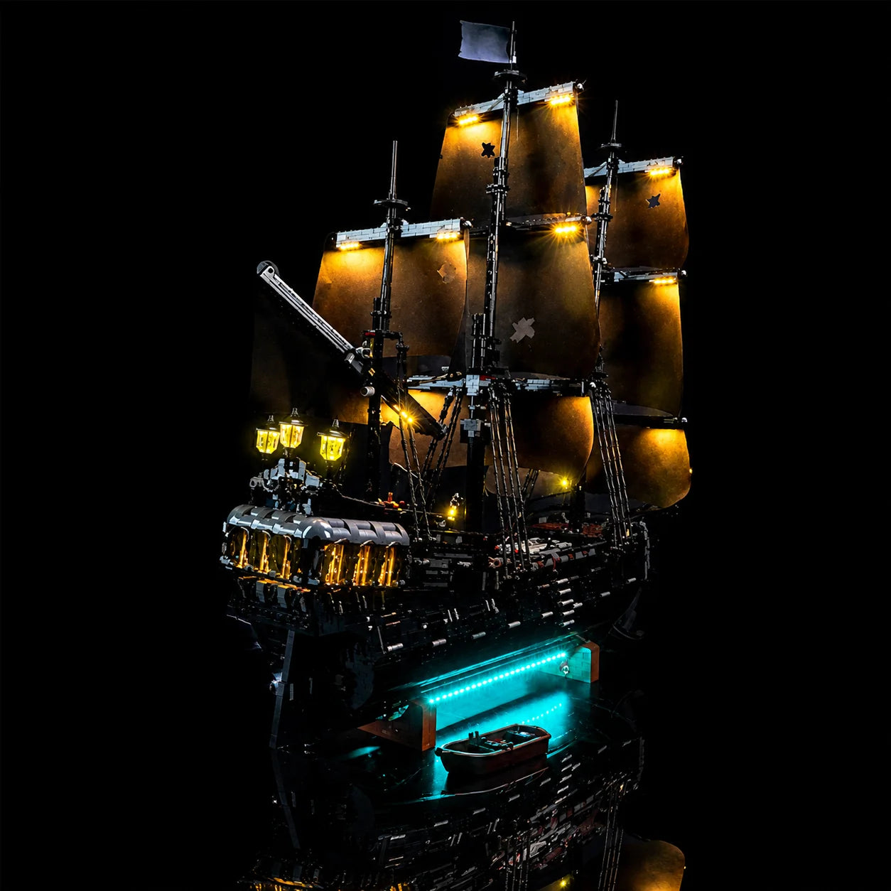 close-up of the lit rigging on LEGO® Icons Captain Jack Sparrow's Pirate Ship #10365, upgraded LED light kit
