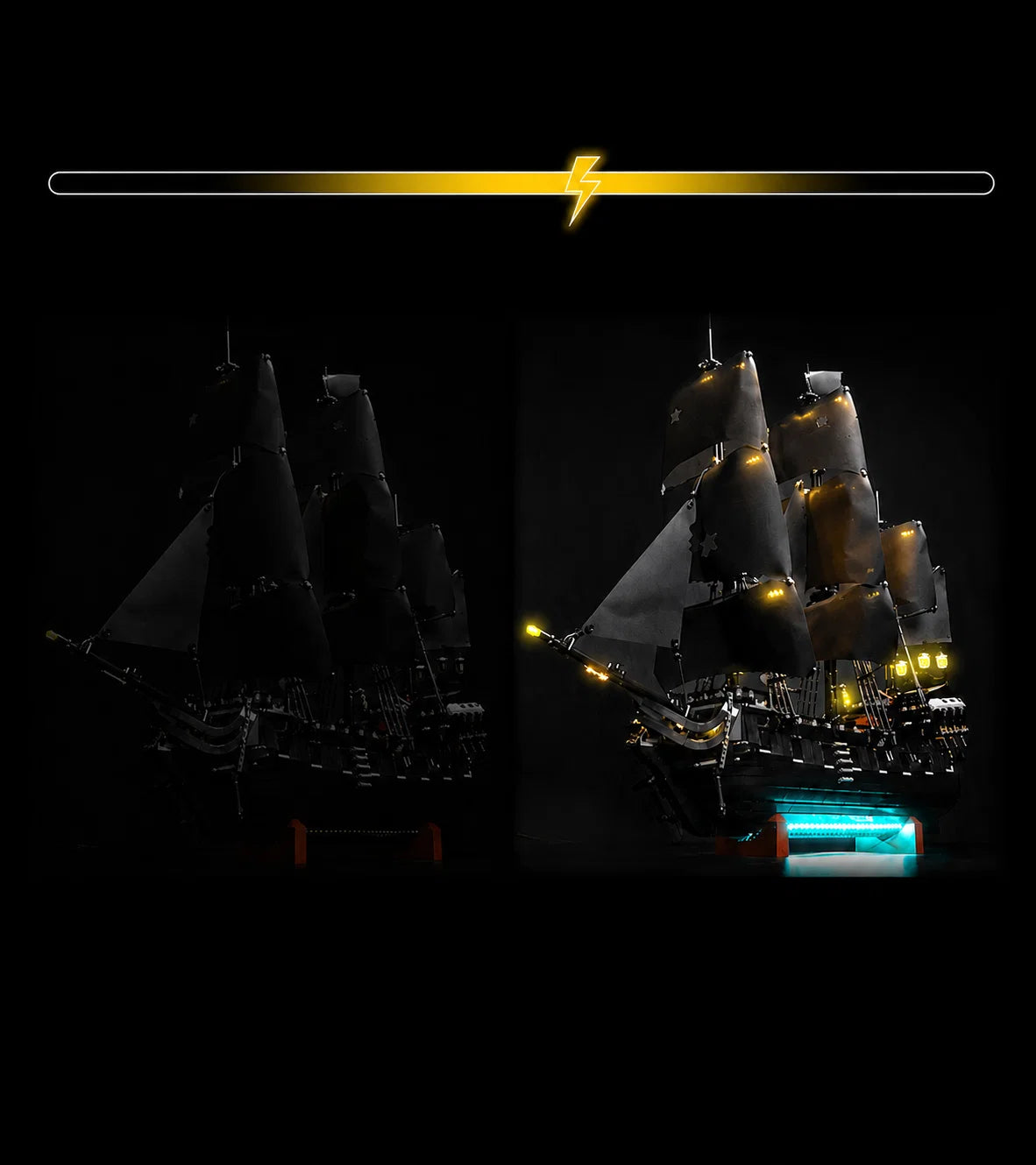 upgraded LED kit for LEGO® Icons Captain Jack Sparrow's Pirate Ship #10365 seen from the bow, sails glowing against the dark