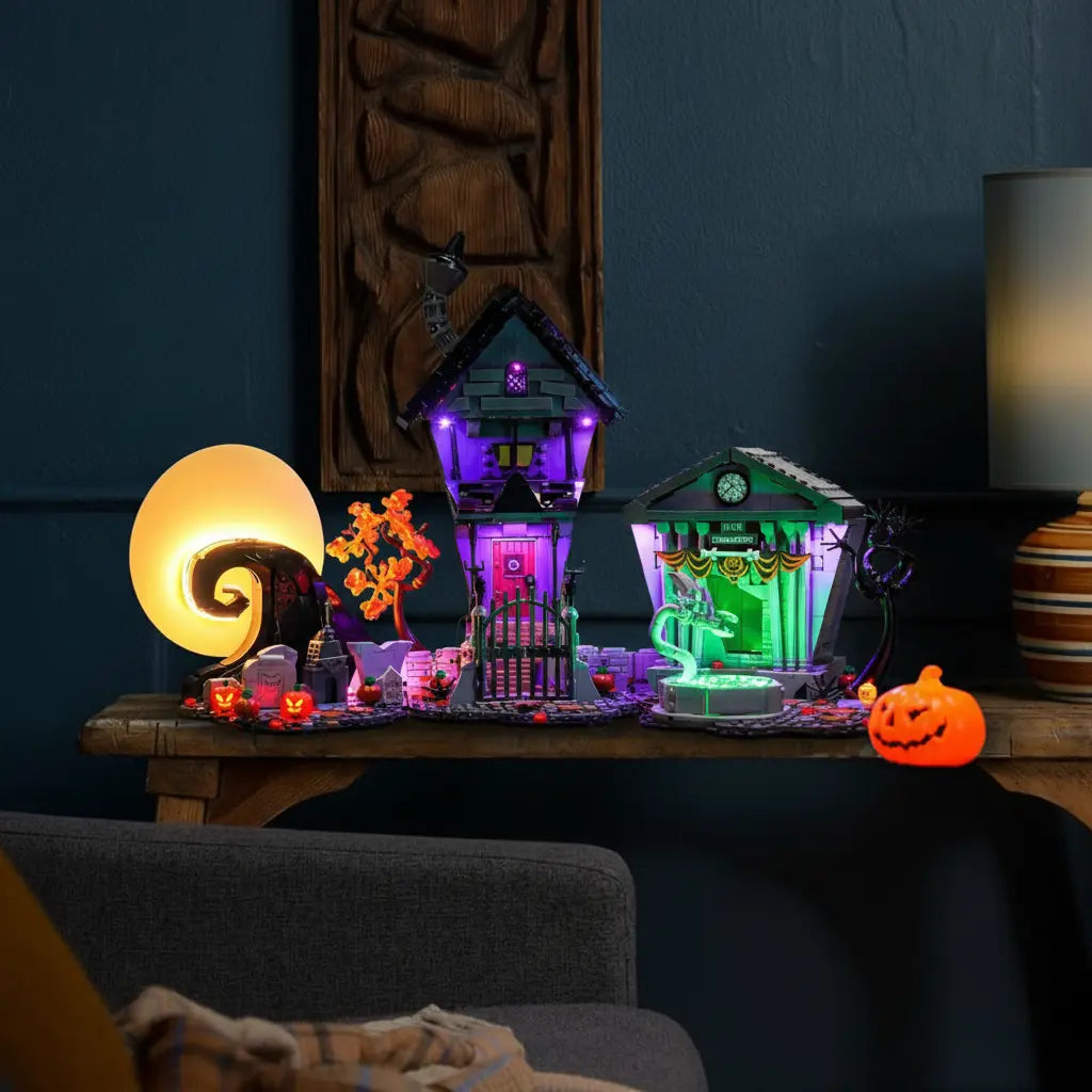 Bring Spiral Hill to life with our upgraded light kit for the LEGO Nightmare Before Christmas 21351, creating a spooky glow.