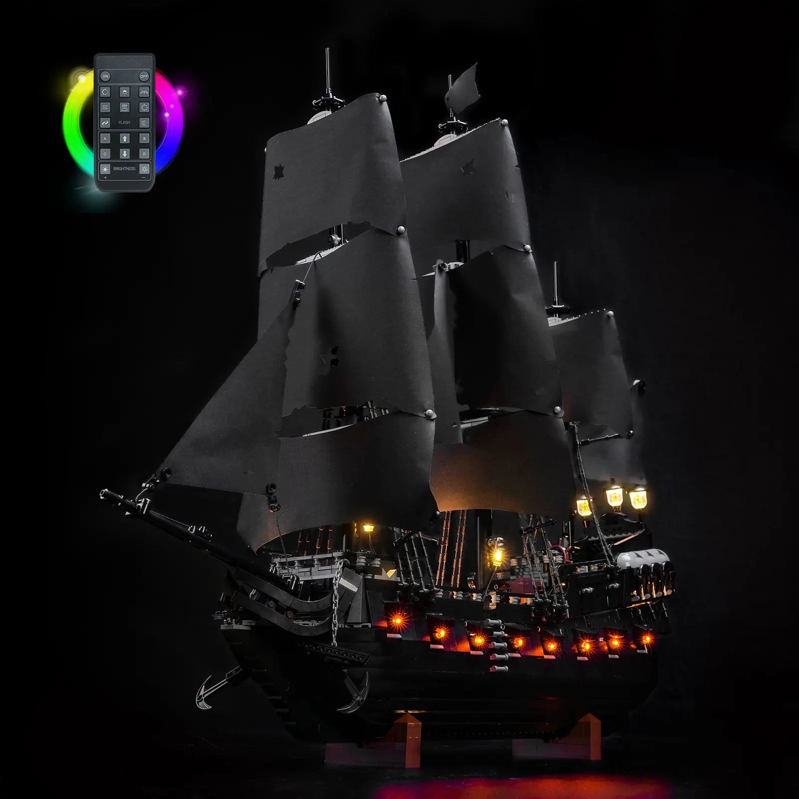 Our upgraded remote light kit for the LEGO Pirate Ship 10365, featuring new remote-controlled illuminated firing cannons.