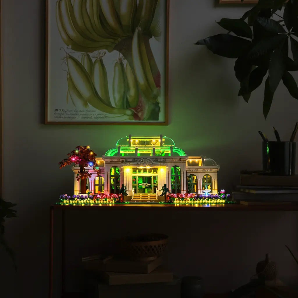 A close-up on the exotic plants inside the LEGO Botanical Garden, glowing with the Vibrant Spectrum Edition light kit.